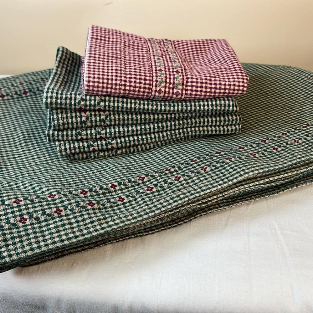 Holiday Decor Bundle Placemats, Pillow Sham and Napkins Green Beige Gingham